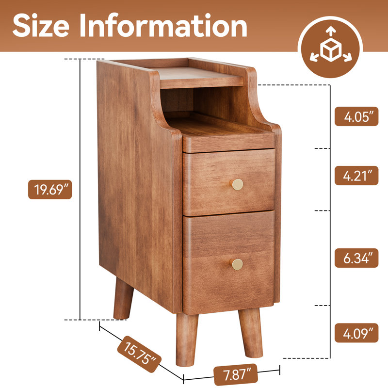 Narrow Nightstand with Drawers, Pre-Assembled Solid Wood Small Skinny Night Stand with Open Sliding Shelf, Walnut, Set of 2