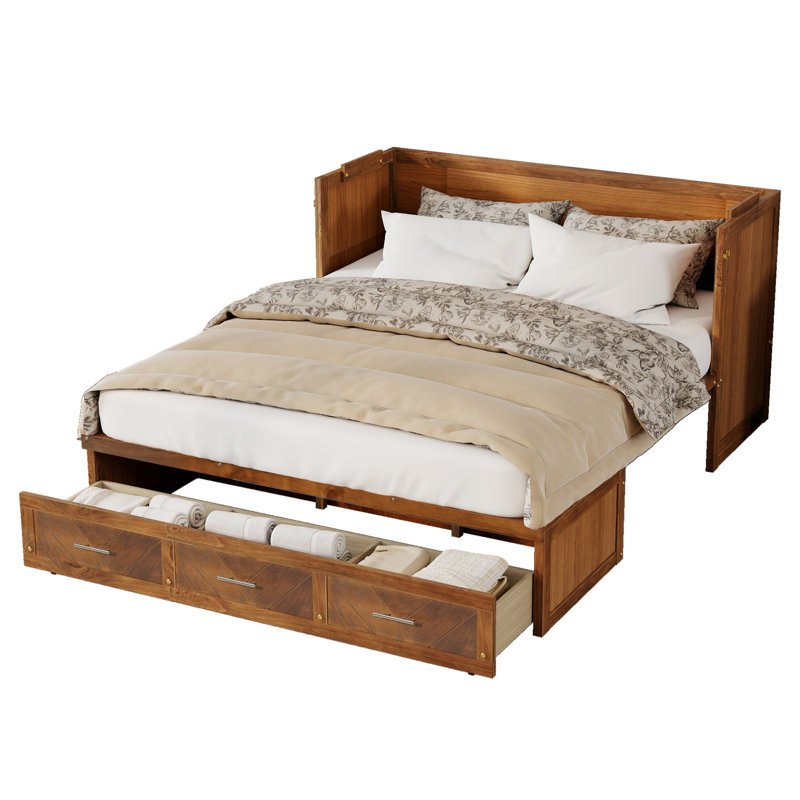 Queen Solid Wood Murphy Bed with Built-In USB Charging Station and Geometrical Decoration Panel, Walnut