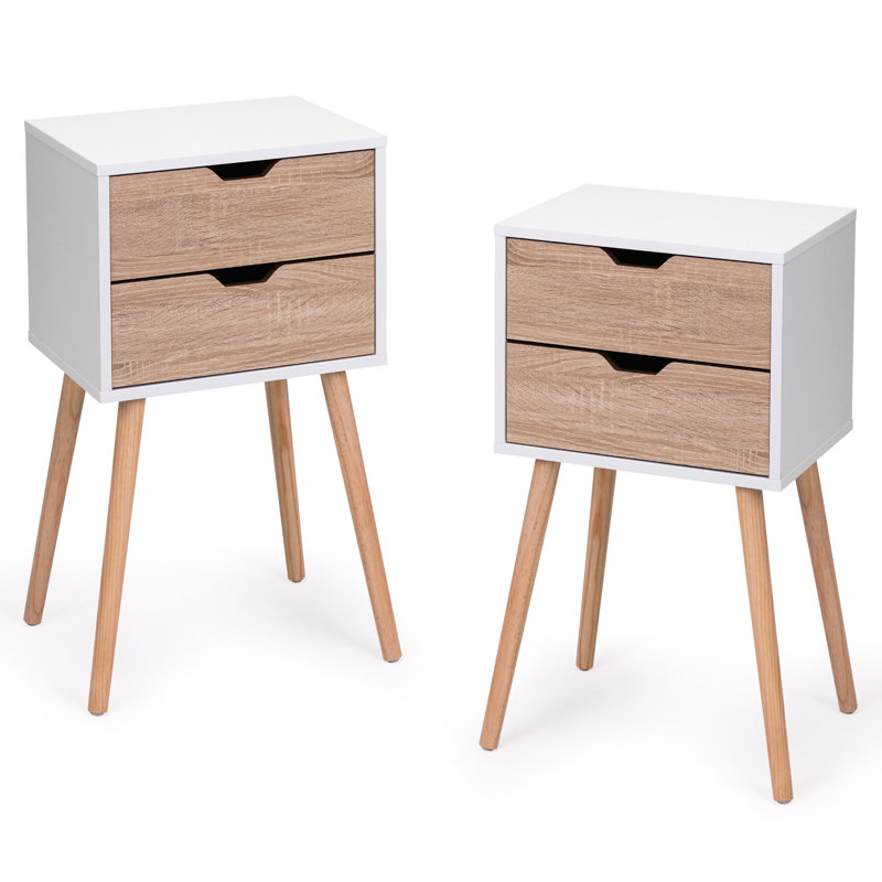 Table de chevet avec 2 tiroirs, matériaux et bois massif, table de chevet moderne couleur noyer blanc, base en bois pour la décoration de la chambre à coucher