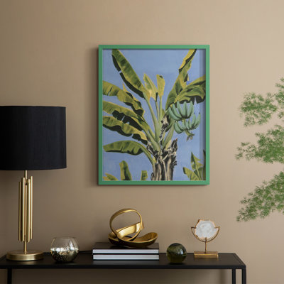 «Banana Leaves on Blue II», reproduction encadrée - bois massif
