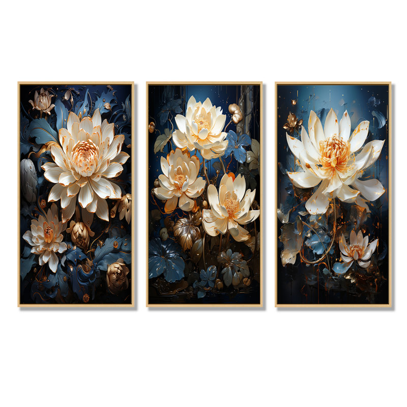 Opulent Reflections Lotus - lot de 3 décorations murales Lotus, H 28 po x l 36 po, Cadre flottant brun