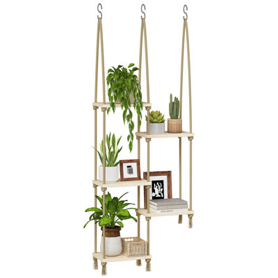 Boho Wood Plant Hanger 5-Tier Hanging Window Shelf, Indoor Wall Dcor