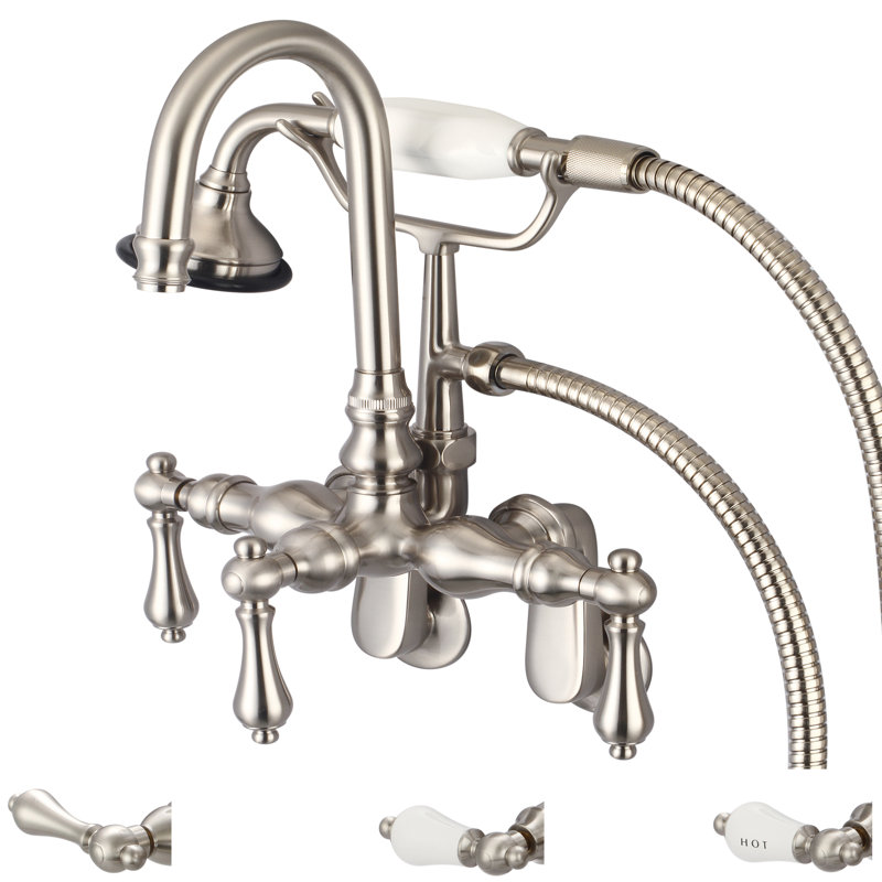 Stonington 3 Handle Wall Clawfoot Tub Faucet, Hot and Cold Labeled Porcelain Lever Handles, Brushed Nickel