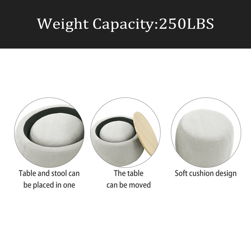 Round Storage Ottoman, 2 In 1 Function, Work As End Table And Ottoman,With Small Seat, Light Gray
