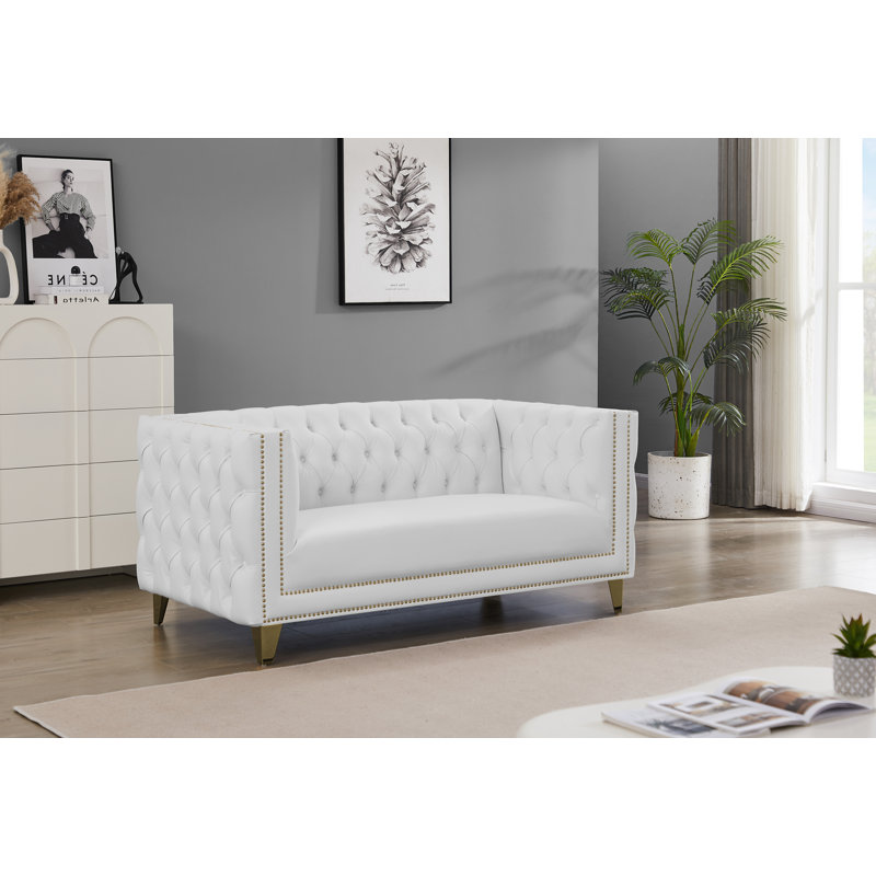 Michelle 66'' White Tufted Faux Leather Loveseat with Gold Nailhead Trim