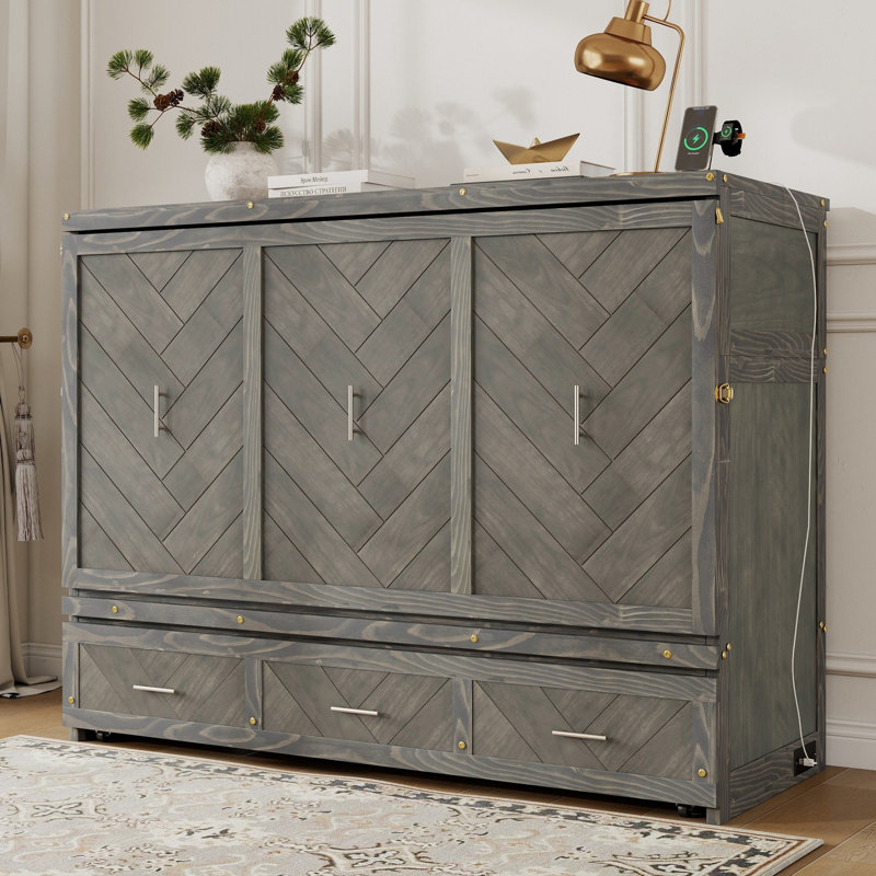 Queen Solid Wood Murphy Bed with Built-In USB Charging Station and Geometrical Decoration Panel, Gray