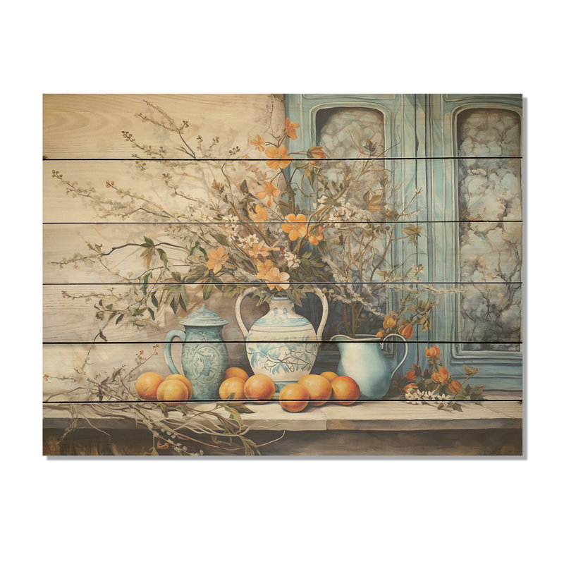 Flower Vase Oranges Country Farmhouse - Flowers Wood Panel Wall Art On Natural Pine Wood, 30" H x 40" W