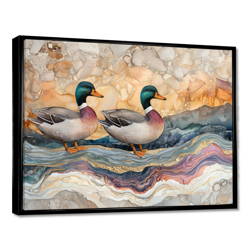 Dorin Ducks Family At The Lake Landscape IV - Art mural sur toile Duck, H 12 po x l 20 po, Impression encadrée flottante