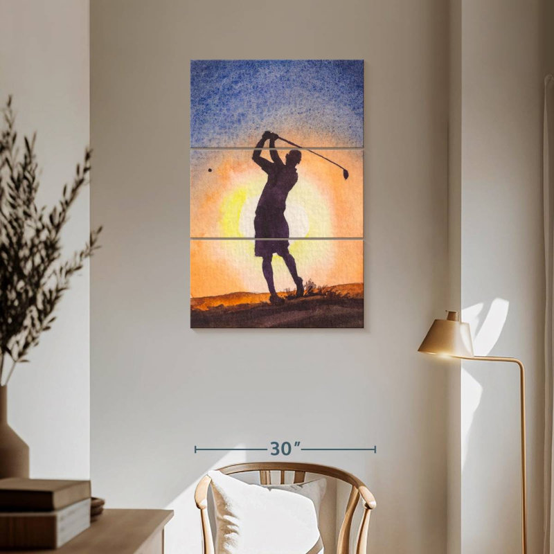 Golfeur au coucher du soleil, H 57 po x l 36 po