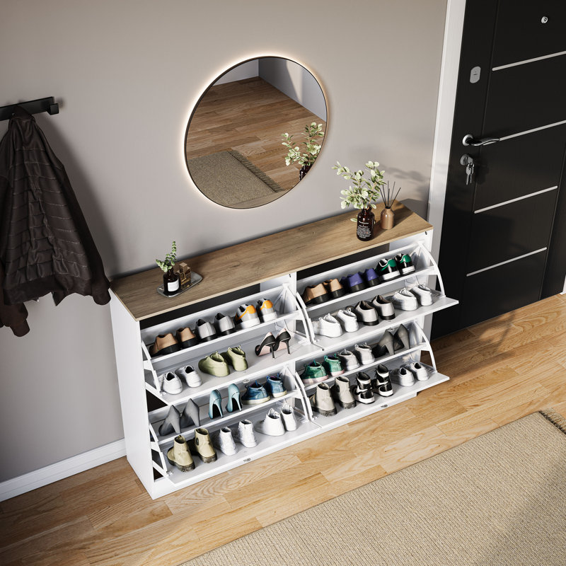 4 Drawer Shoe Cabinet with Oak Top Modern Shoe Storage For Hallway Living Room & Bedroom, White/Oak
