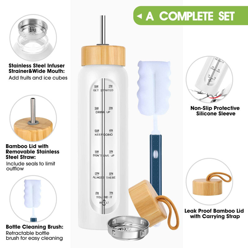32 oz. LoochMee Bouteille d'eau en verre, Blanc