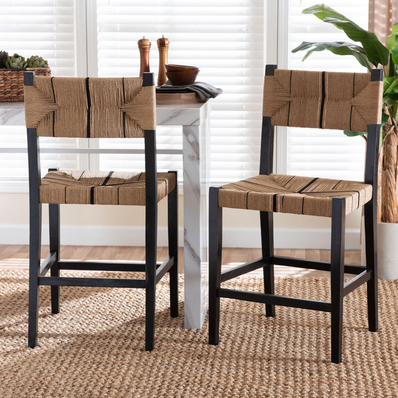 Brieana bali & pari Prita Bohemian Paper Loom and Mahogany Wood 2-Piece Stool Set, Brown, Counter Stool (25” Seat Height)