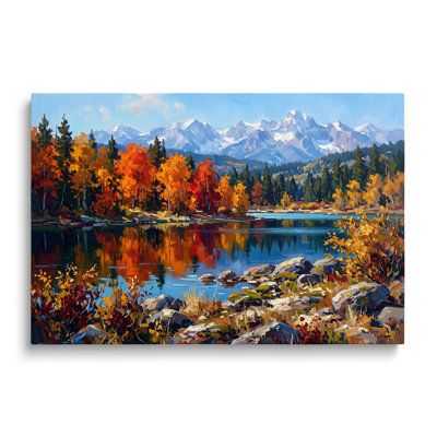 Tableau multicolore sur toile représentant un paysage de lac et de montagne en automne, œuvre d'art murale picturale pour le salon, la salle à manger et la chambre.