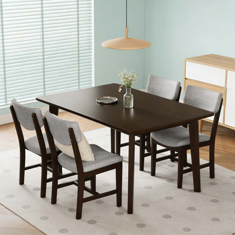 5-Piece Dining Set - 1 Solid Wood Table + 4 Upholstered Chairs, Espresso