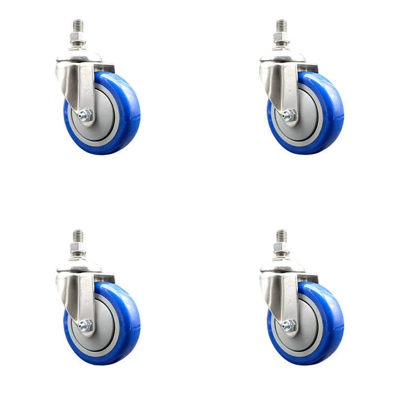 Ensemble de roulettes à tige filetée en polyuréthane 316SS, Bleu