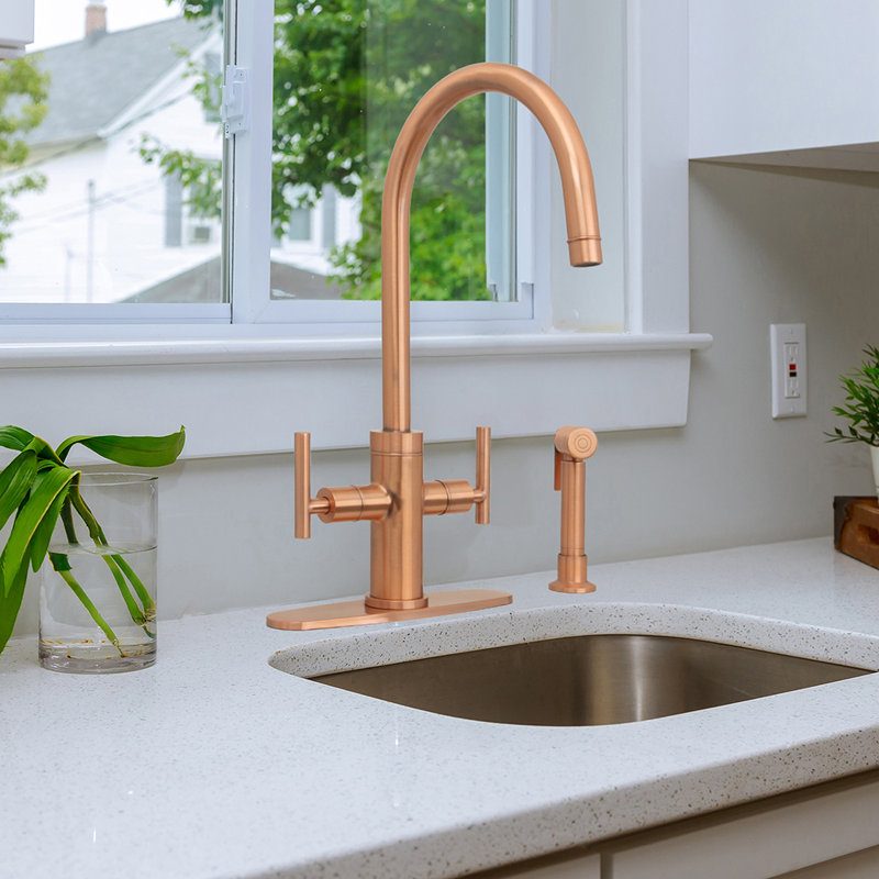 Copper Finish Double Handle Kitchen Faucet with Side Sprayer
