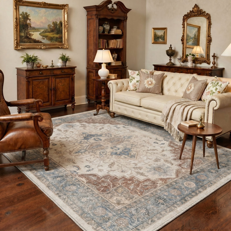 Tapis intérieur lavable à la machine Medallion - orange / bleu / beige avec envers antidérapant, Rectangle 5 pi x 7 pi