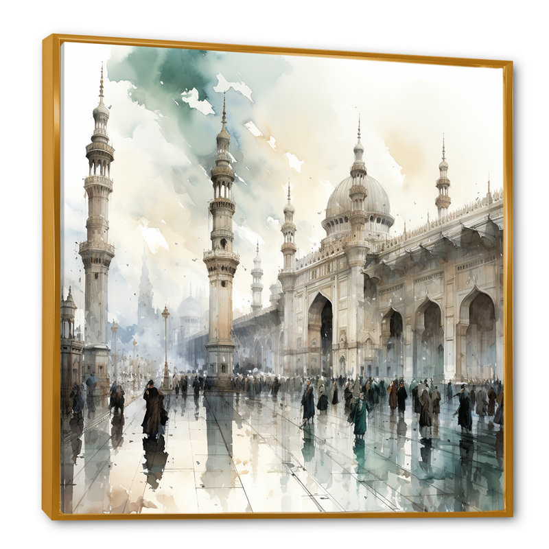 «Mosquée blanche et bleue», «Mystets», Cadre flottant doré, H 16 po x l 16 po x P 1 po