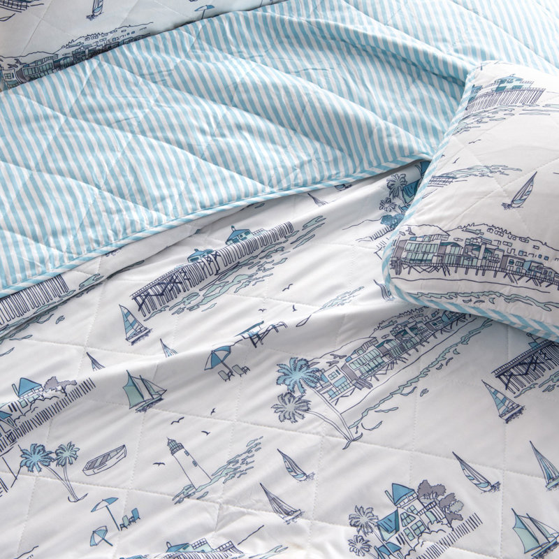 Full Blue Microfiber Coastal Reversible Quilt Set with Shams