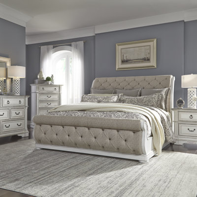 Exmouth Upholstered Sleigh Bed, Dresser & Mirror, Chest, Two Nightstand Set