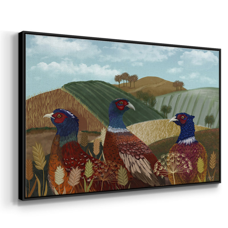 «Pheasant Trio in Field», reproduction sur toile flottante, H 17 po x l 25 po x P 2 po, Toile avec cadre flottant noir