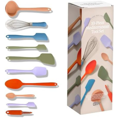 Ensemble de 10 ustensiles de cuisine en silicone – Spatules, louche, spatule, cuillères, fouet, éplucheur et spatule-cuillère – Antiadhésif, non toxique, résistant à la chaleur – Méditerranéen