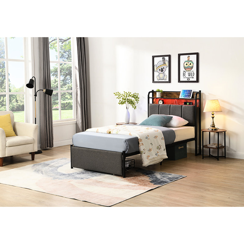 Structure de lit avec prises de recharge et rangement pour tiroirs - commode rembourrée élégante, Lit simple