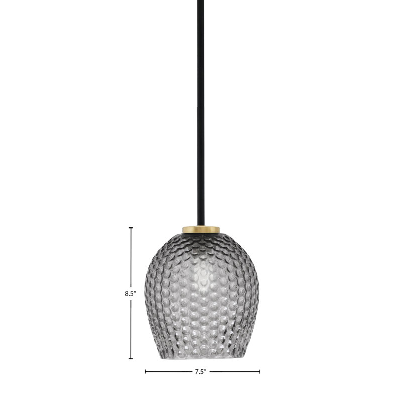 Mini-luminaire suspendu 1 lumière Amarmula, noir mat et laiton vieilli, verre texturé fumée 7,5 po, Transparent/noir