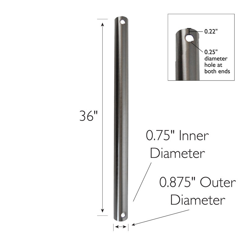 Extension de ventilateur de plafond à tige verticale, Nickel satiné, H 36 po x l 0,75 po x P 0,75 po