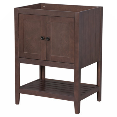 Base de meuble-lavabo 24 po seulement, structure en bois massif, armoire de rangement pour salle de bain avec portes et tablette ouverte, gris