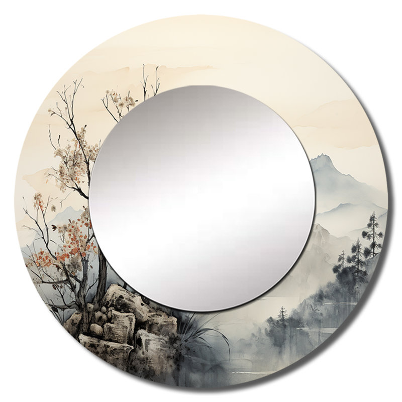 Saije, art asiatique, Sumi oiseau Serenity, miroir décoratif rond, miroir mural gris, 23 po x 23 po