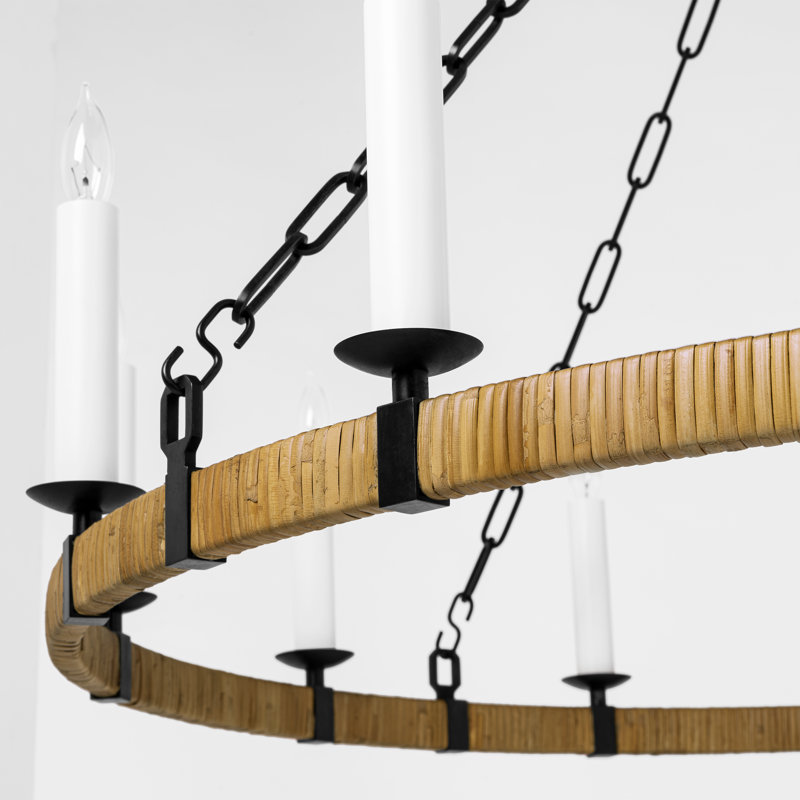 Darlana 12 - Light Wagon Wheel Chandelier, Polished Nickel/Natural Rattan, 32" H x 40" W x 38.75" D
