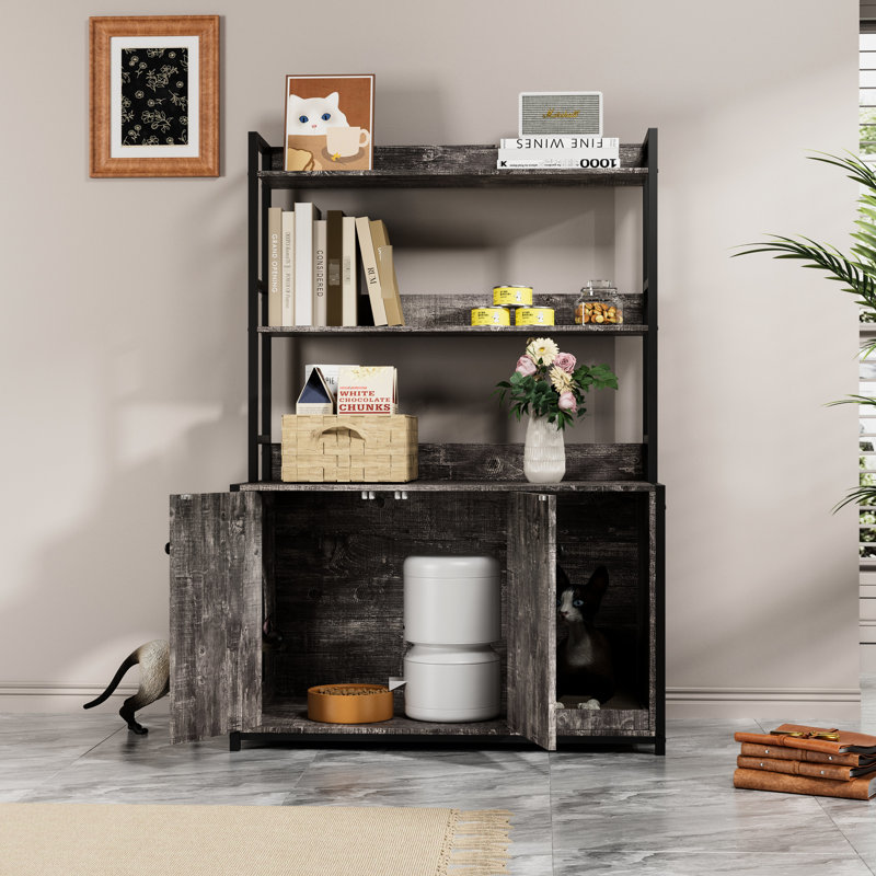 Enceinte de litière pour chat gris avec rangement pour tablette, configuration à double porte et bloc-notes, portes de configuration de salle de bain cachées, armoire intérieure fiable