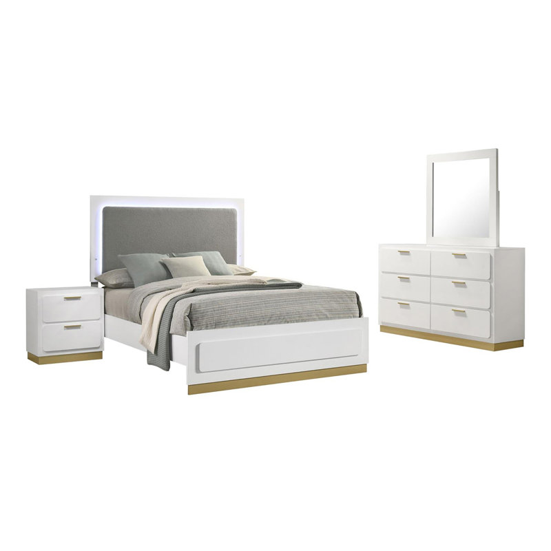 Ensemble de chambre à coucher rembourrée 4 pièces Fellicia, Blanc, Très grand californien