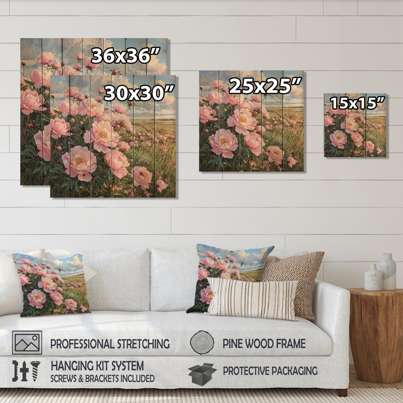Peonies At The Farms Edge I - Peonies Wood Wall Decor - On Natural Pine Wood, 36" H x 36" W x 0.78" D