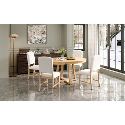 5-Piece Retro Functional Dining Set, Round Table with a 16"W Leaf and 4 Upholstered Chairs for Dining Room and Living Room (Natural)