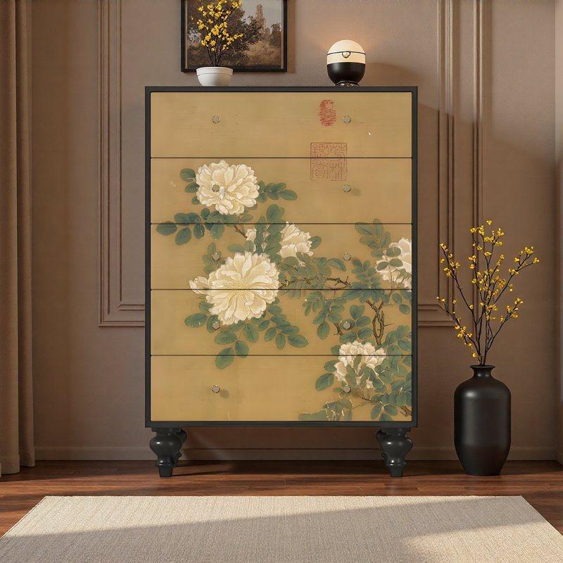 Armoire florale en bois massif à 5 tiroirs de style chinois, Noir