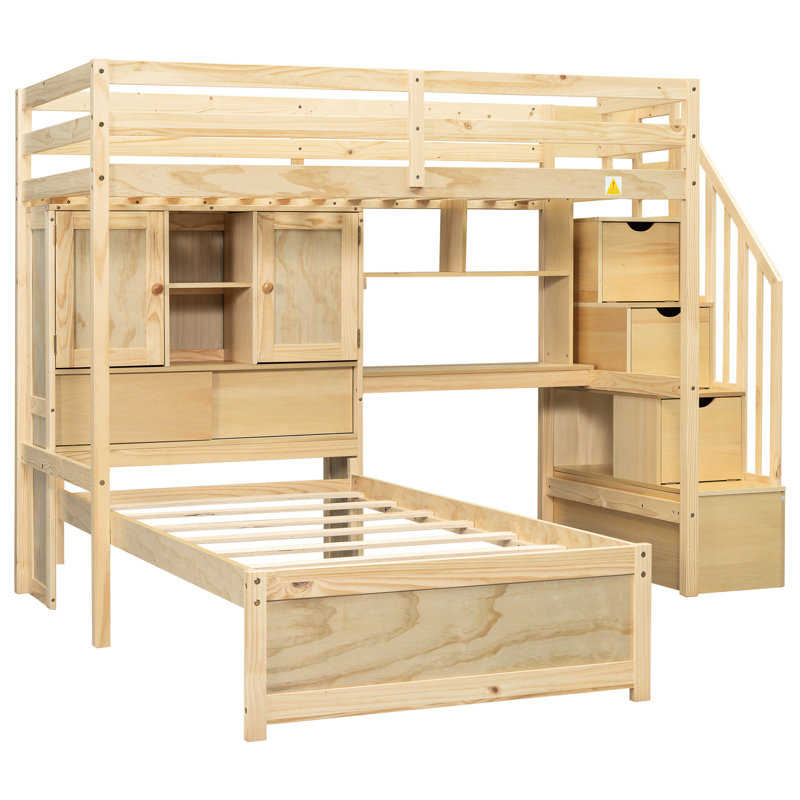 Lit simple mezzanine avec bureau et tablettes - Robuste et fonctionnel avec bureau intégré, rangement pour escalier, Naturel