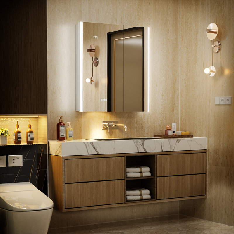Armoire à pharmacie DEL 76 cm (L) x 81 cm (H) avec miroir, éclairage 3 couleurs à intensité variable, antibuée, prises électriques et ports USB, montage encastré ou en saillie
