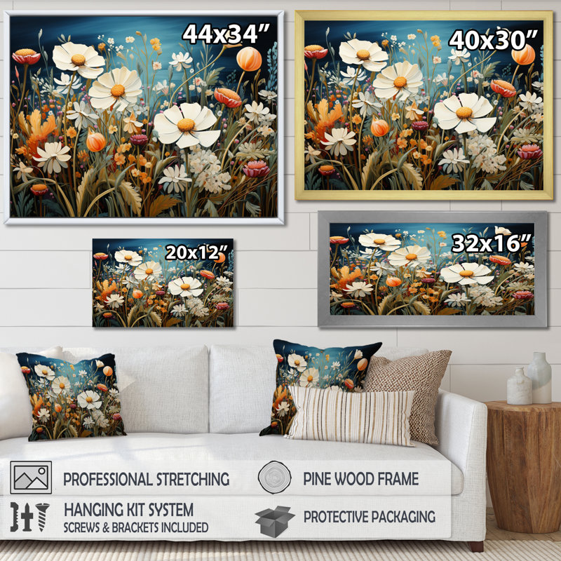 Symphonie florale blanche sur toile, H 16 po x l 32 po x P 1 po, Toile tendue