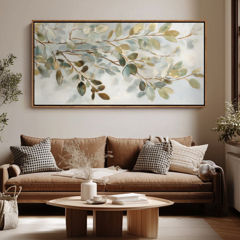 Branches de feuilles vertes et dorées avec lumière douce pour impression murale de salle à manger ou de salon, Naturel