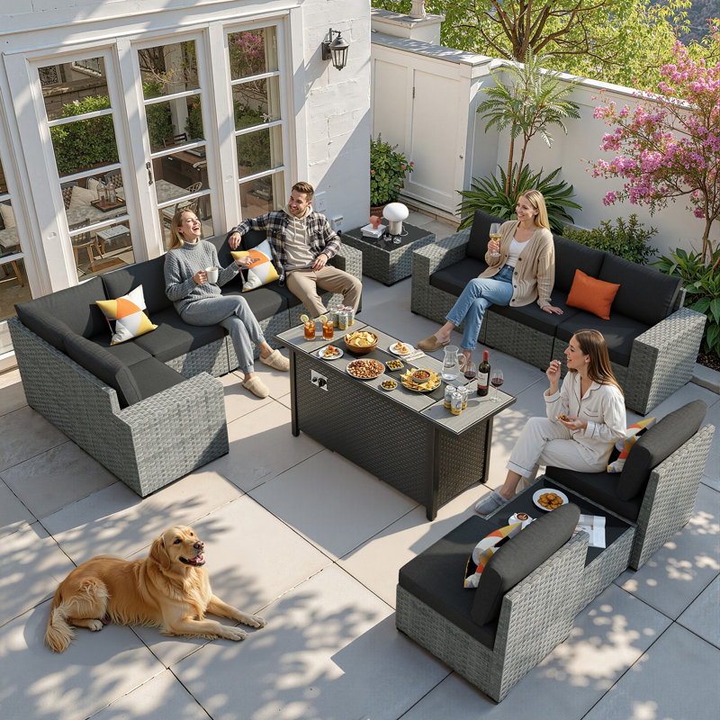 Sei 13 - Piece Modular Outdoor Wicker Sectional Set with Ultra-Wide Armrest,Patio Conversation Set with Cushions and Fire Pit