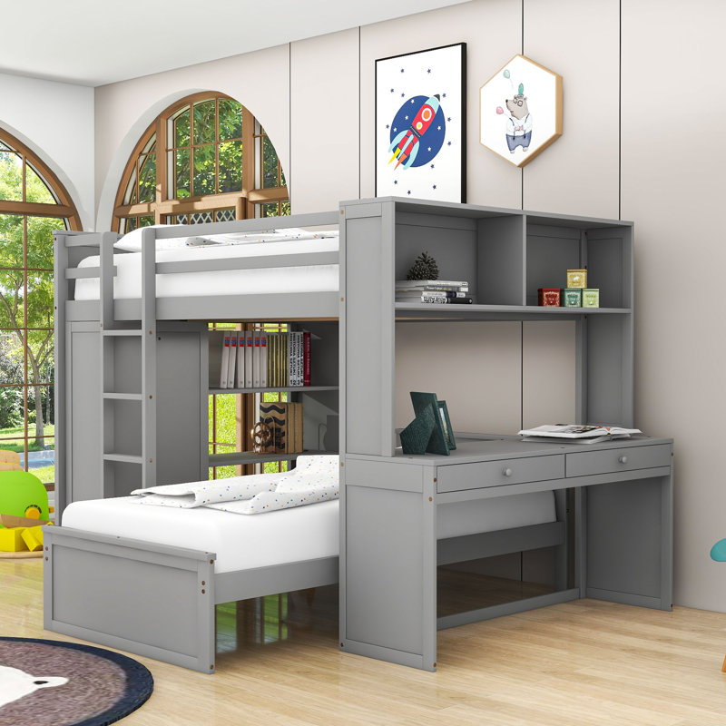 Crone Full Over Twin 2 Drawers Wood Bunk Bed with Shelves,Desk and Wardrobe, Gray