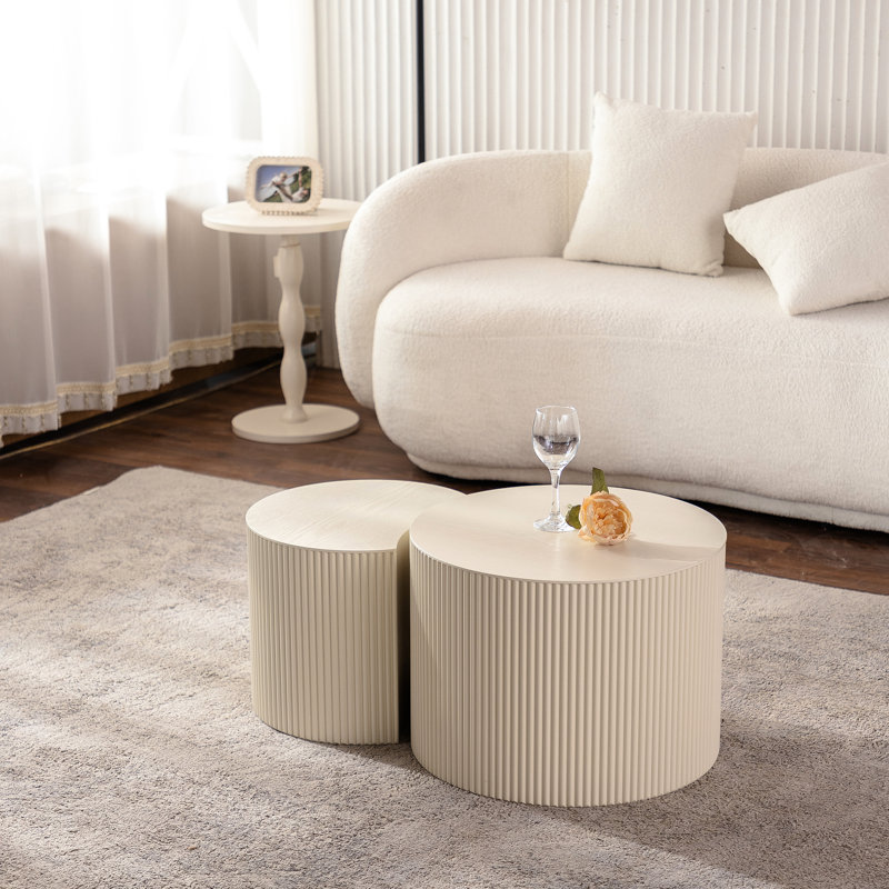 Table basse ronde moderne en bois pour le salon, beige et blanc, aucun assemblage requis, plus fabriqué à la main