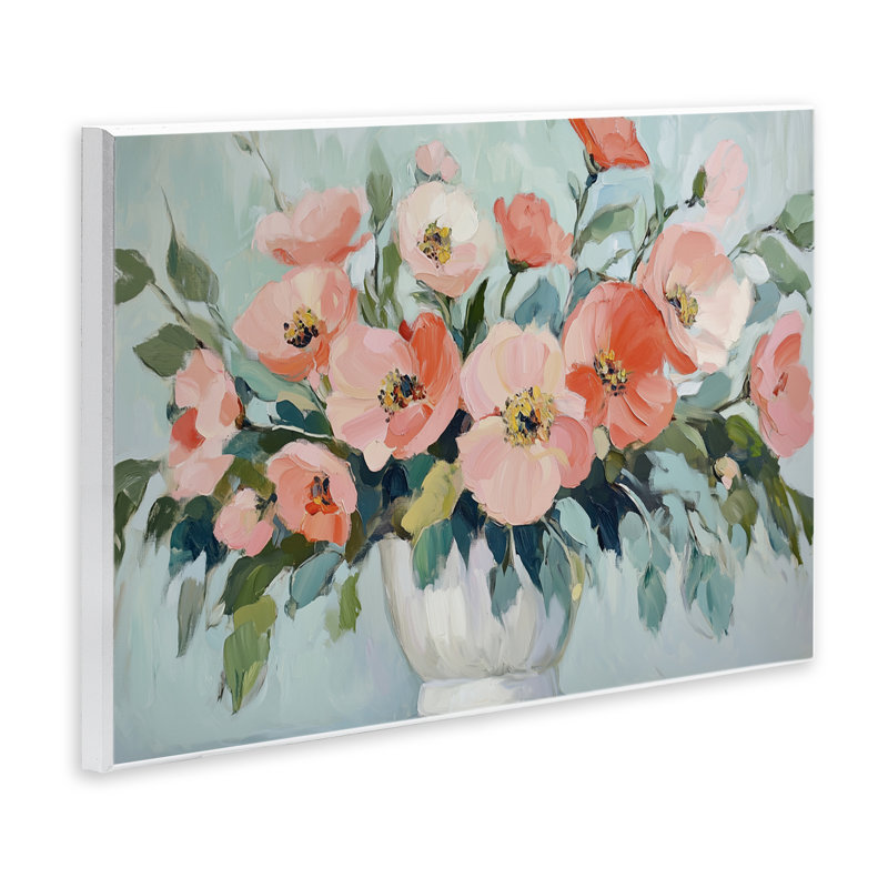 Plaque murale avec arrangement de fleurs roses sur fond vert, design par Gina Kelly, H 13 po x l 19 po