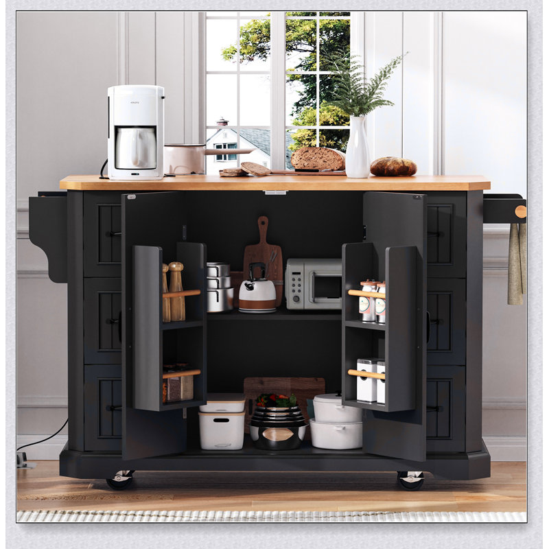 56 Inch Rustic Rolling Kitchen Island with Drop Leaf, Power Outlet, and Ample Storage on Wheels