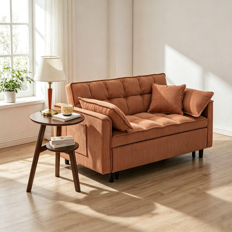 Canapé-lit pliant moderne 3 en 1 en velours côtelé de 140 cm avec 2 coussins lombaires et table d'appoint ronde à 2 niveaux en bois massif, ensemble de meubles multifonctionnels pour salon, chambre et bureau