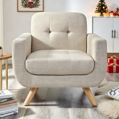 Chaise d'appoint moderne à haut dossier, tissu en lin rembourré avec pieds en bois massif - Fauteuil de lecture confortable pour le salon