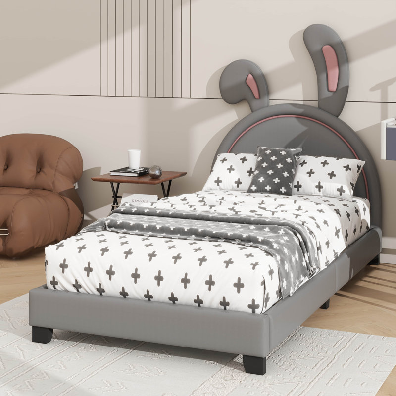 Lit plateforme rembourré en cuir orné d'une décoration de lapin, Gris, Lit simple