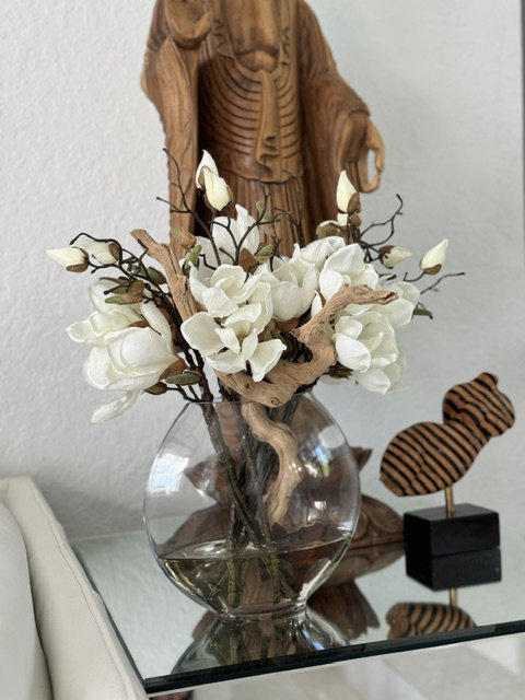 10" Moon Vase With White Magnolias	, White